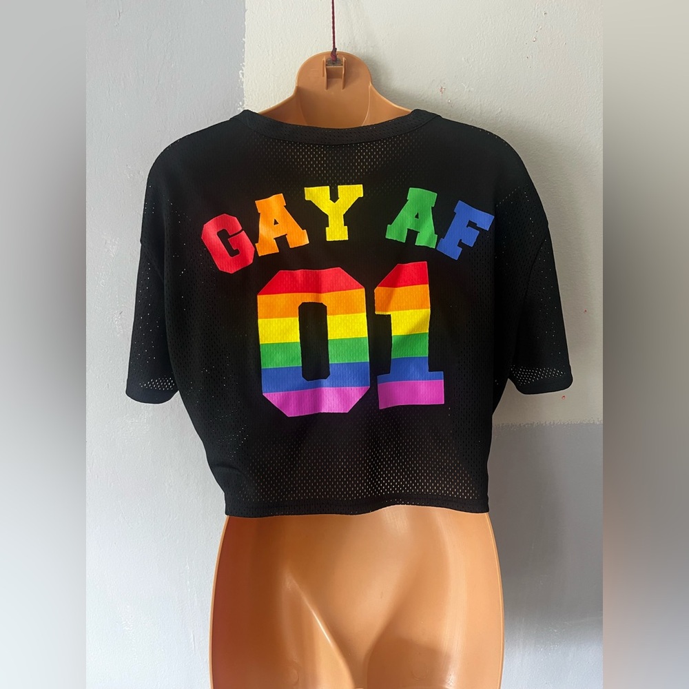 Spencer's Black Crop Top with Rainbow 'GAY AF 01' Print
